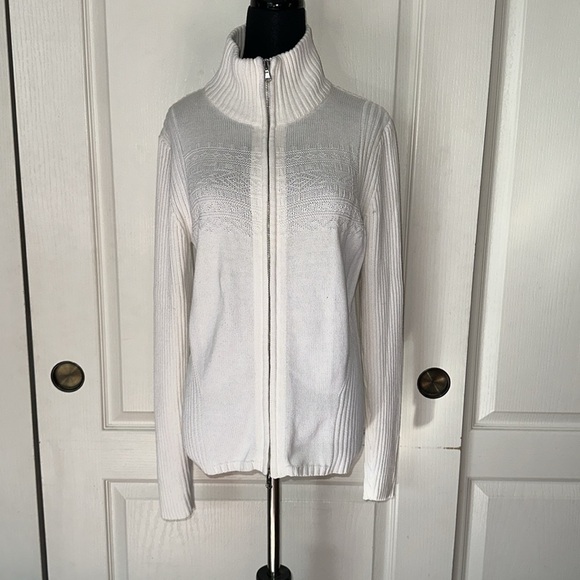 VINTAGE EDDIE BAUER SPORT WHITE KNIT RIBBED ZIP UP SWEATER APRES SKI - Picture 1 of 5